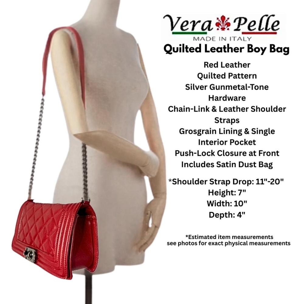 Red Leather Quilted Boy Bag Gunmetal Chain Made In Italy Crossbody Vera Pella